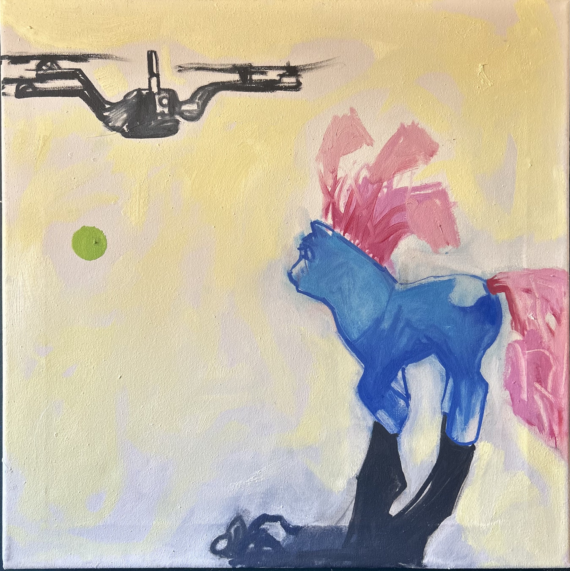 Blue toy horse and a helicopter form in a pale yellow painting