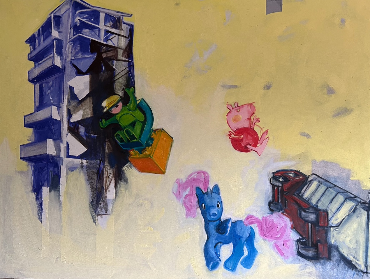 Toy figures and a red car in a pale yellow landscape