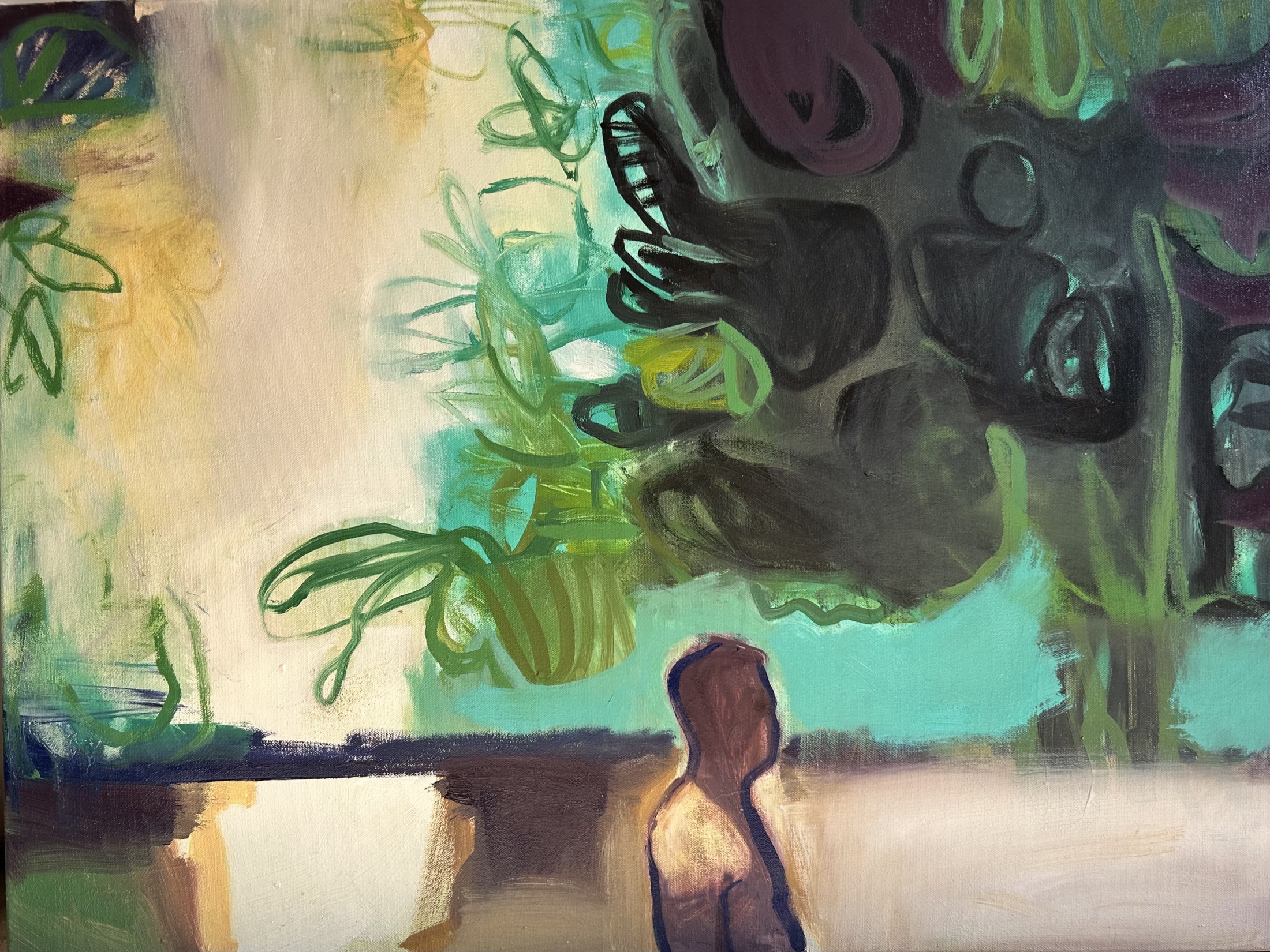 Expressive painting with a figure below dark organic shapes in turquoise and green